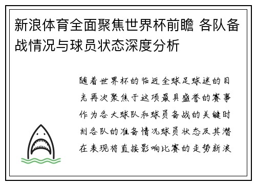 新浪体育全面聚焦世界杯前瞻 各队备战情况与球员状态深度分析